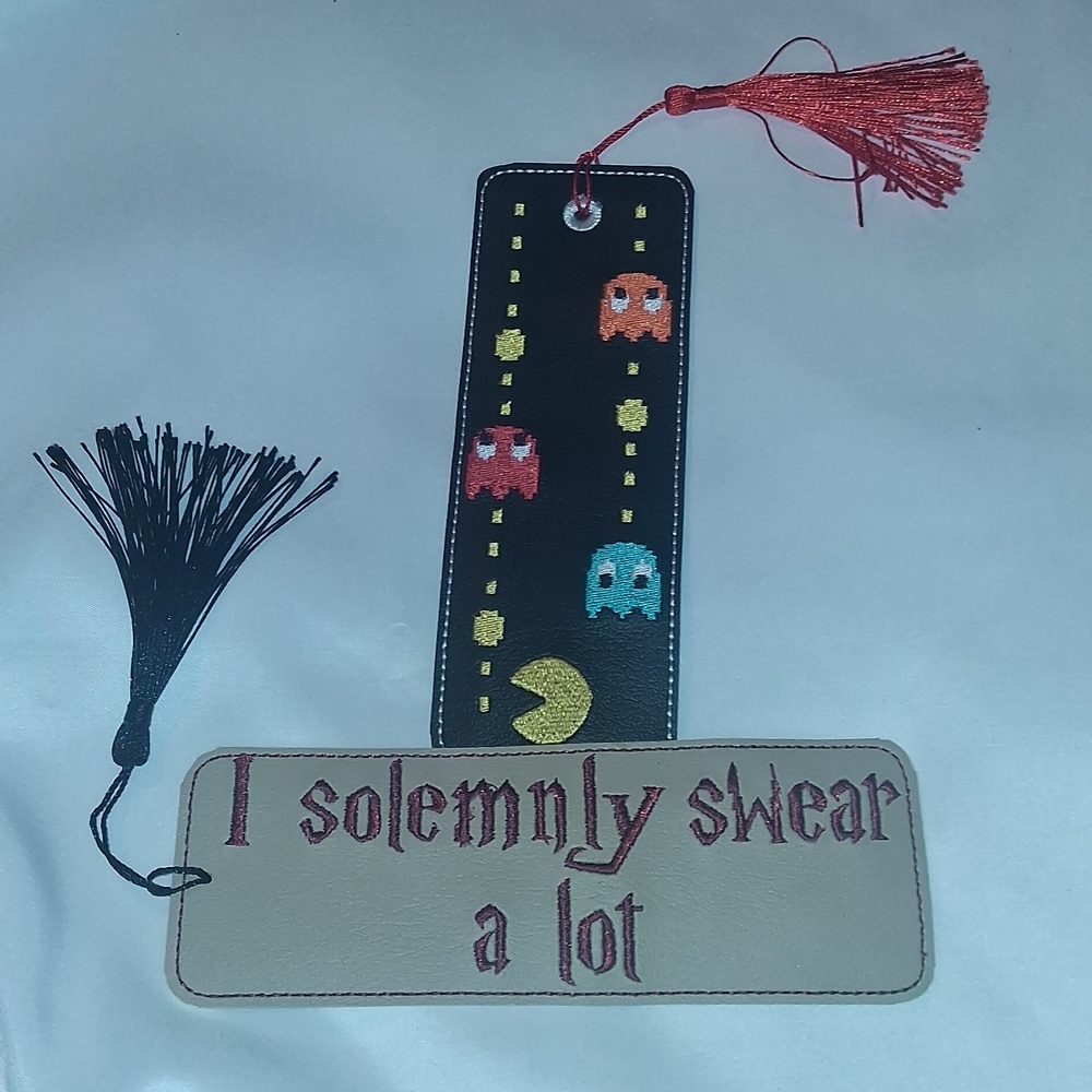 Leather Embroidered Pac-Man And Funny Quote Themed Bookmarks With Tassels